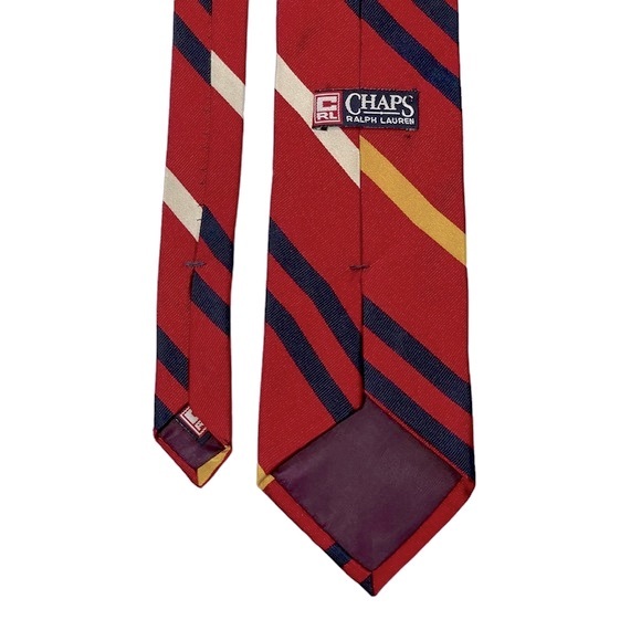 CHAPS Ralph Lauren 100% Silk Tie Red with Navy, White and Yellow Stripes - Picture 5 of 8